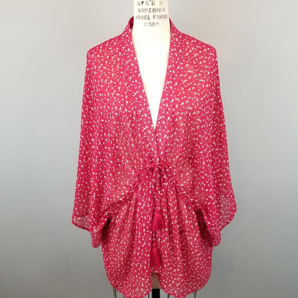 Lucky Brand Red Floral Kimono Top with Tassel Ties Women's One Size